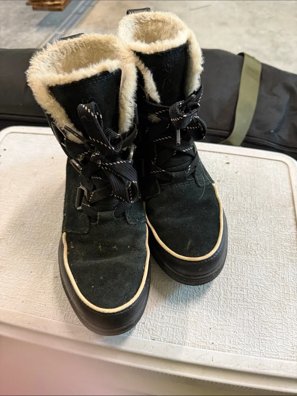 Sorel Black Winter Boots with Cream Faux Fur Trim